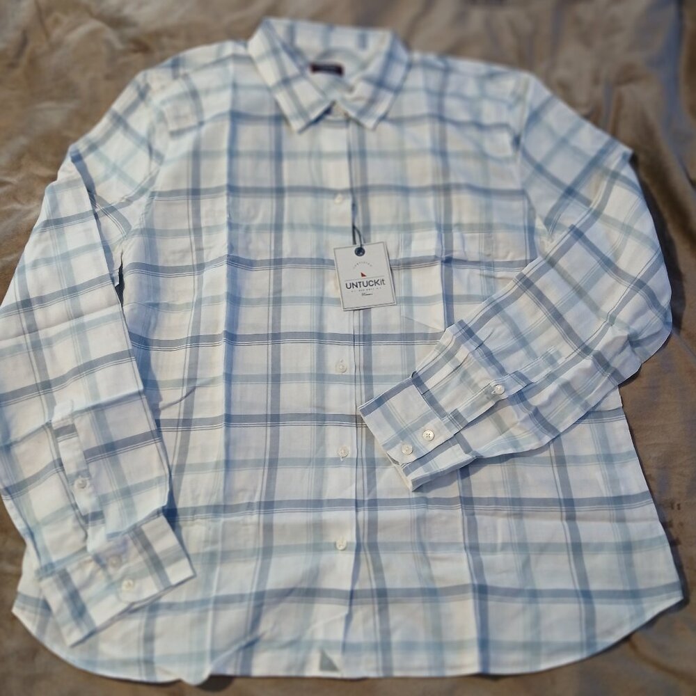 Untuckit Melini Women's Long Sleeve Blue and White Button Down Shirt SZ 14 NWT